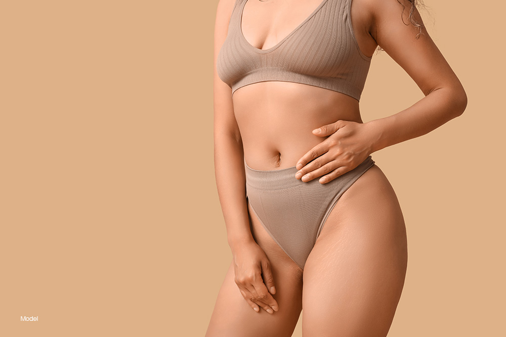 Curvy woman in gray underwear